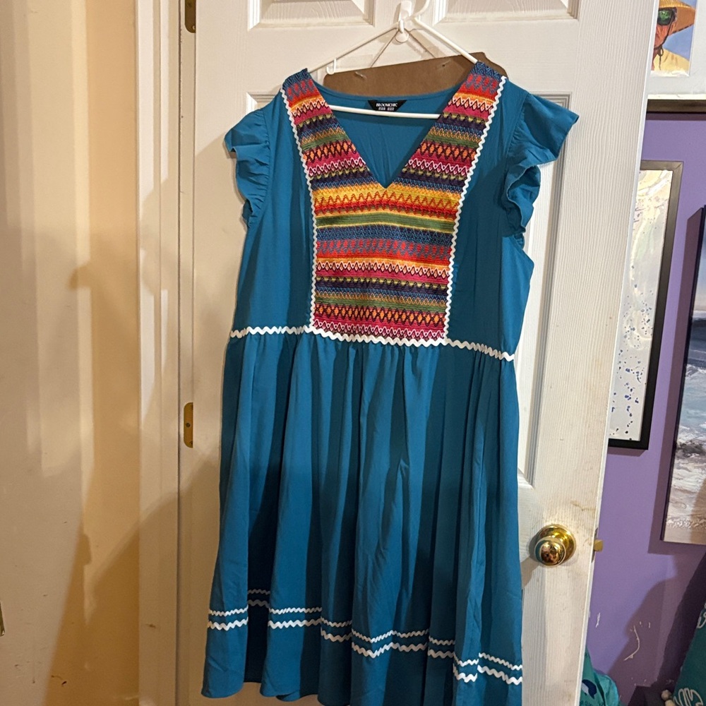 BloomChic Teal Dress with Multicolor Embroidery